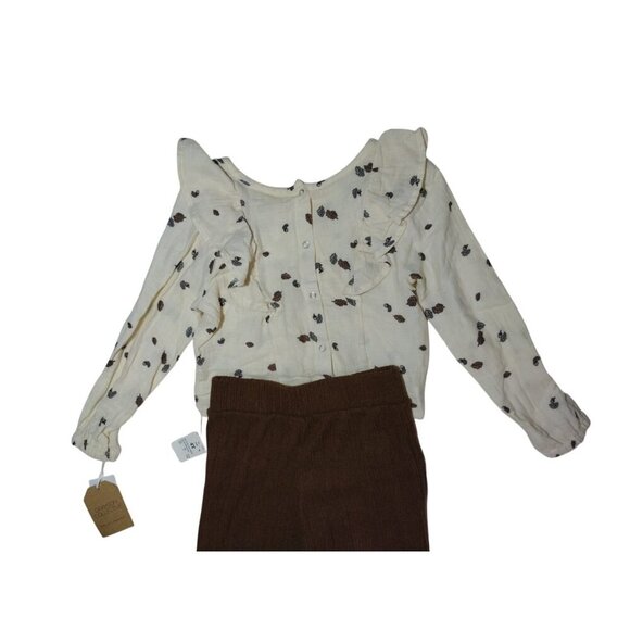 Grayson Collective Girls 4T Outfit with Leaf Print Cotton Top and Brown Pants. - Picture 5 of 8